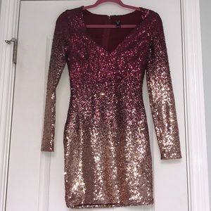 formal sparkly maroon & gold dress